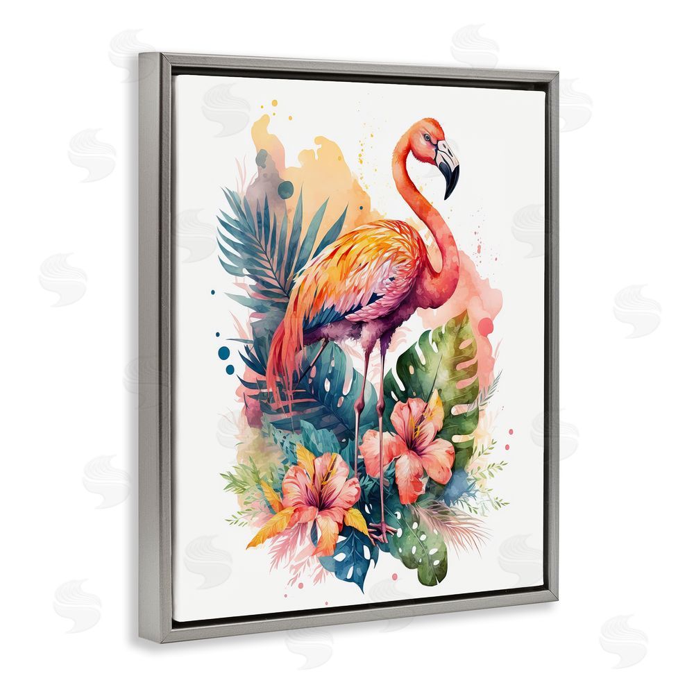 LSR Design Studio Modern Tropical Flamingo Gray Floating Frame Canvas Wall Art Print