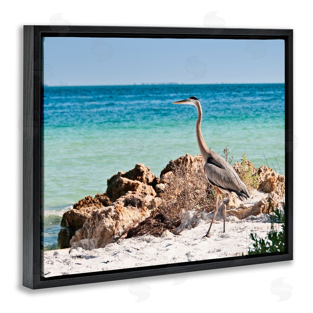 Mary Lou Johnson Heron Watching Ocean Black Floating Frame Canvas Wall Art Print