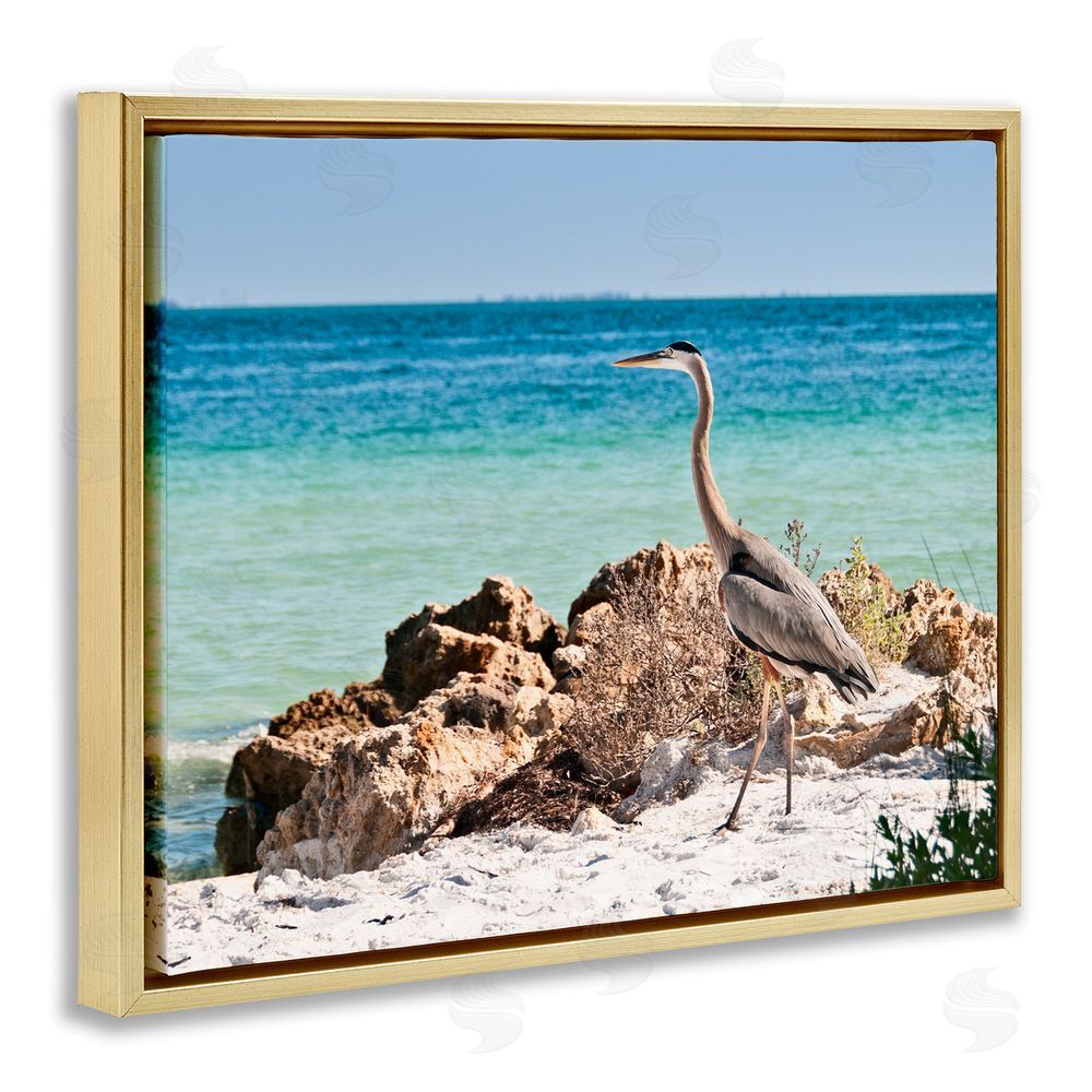 Mary Lou Johnson Heron Watching Ocean Gold Floating Frame Canvas Wall Art Print