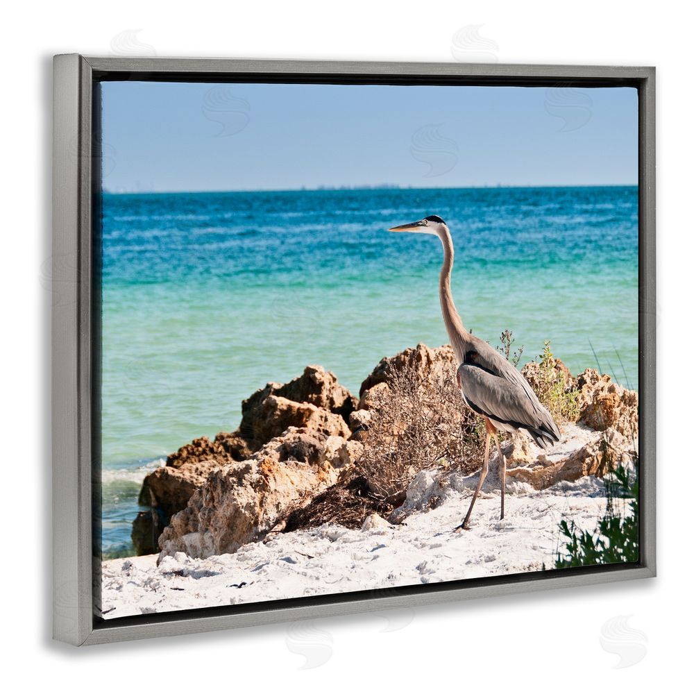 Mary Lou Johnson Heron Watching Ocean Gray Floating Frame Canvas Wall Art Print