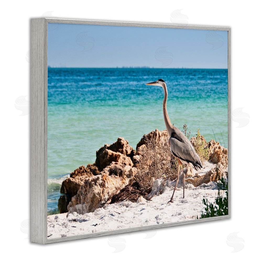 Mary Lou Johnson Heron Watching Ocean Gray Framed Giclee Wall Art Print