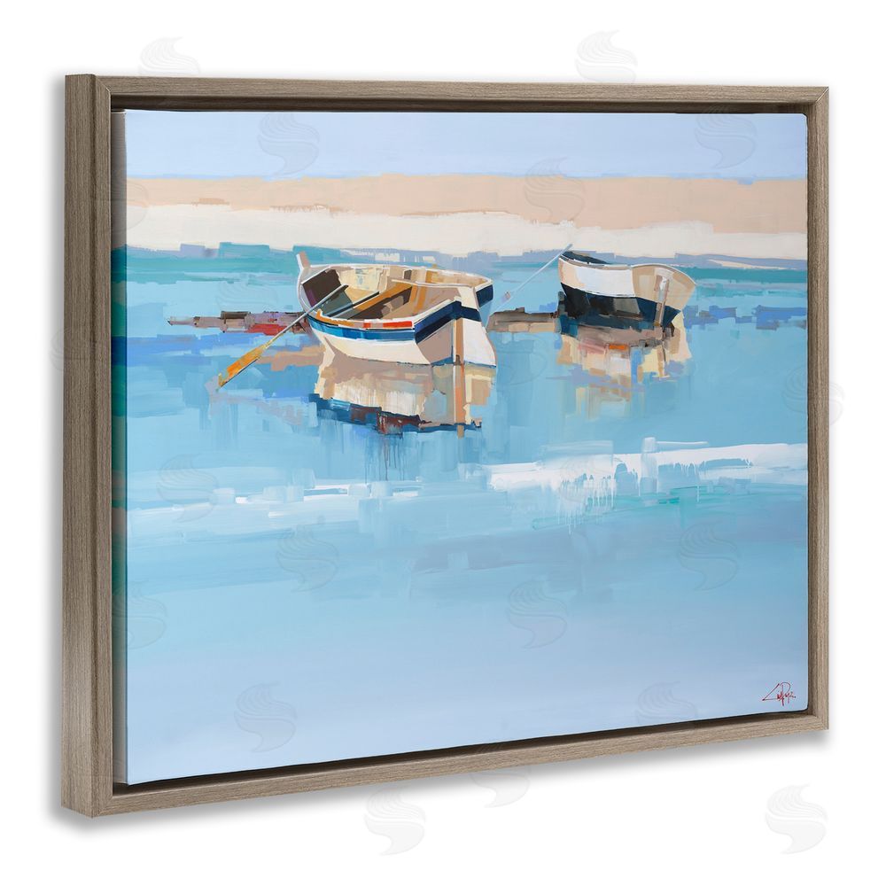 Craig Trewin Penny Boats on Shore Painting Brown Floating Frame Canvas Wall Art Print