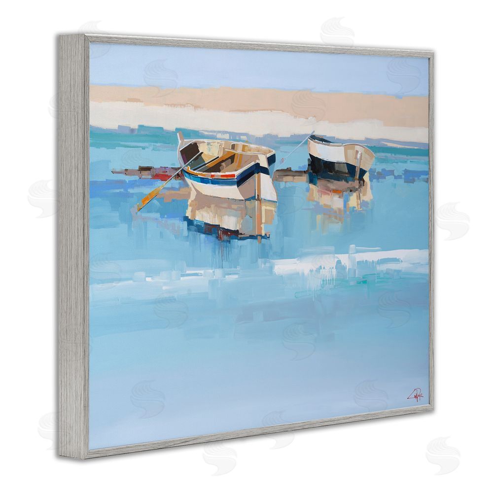 Craig Trewin Penny Boats on Shore Painting Gray Framed Giclee Wall Art Print