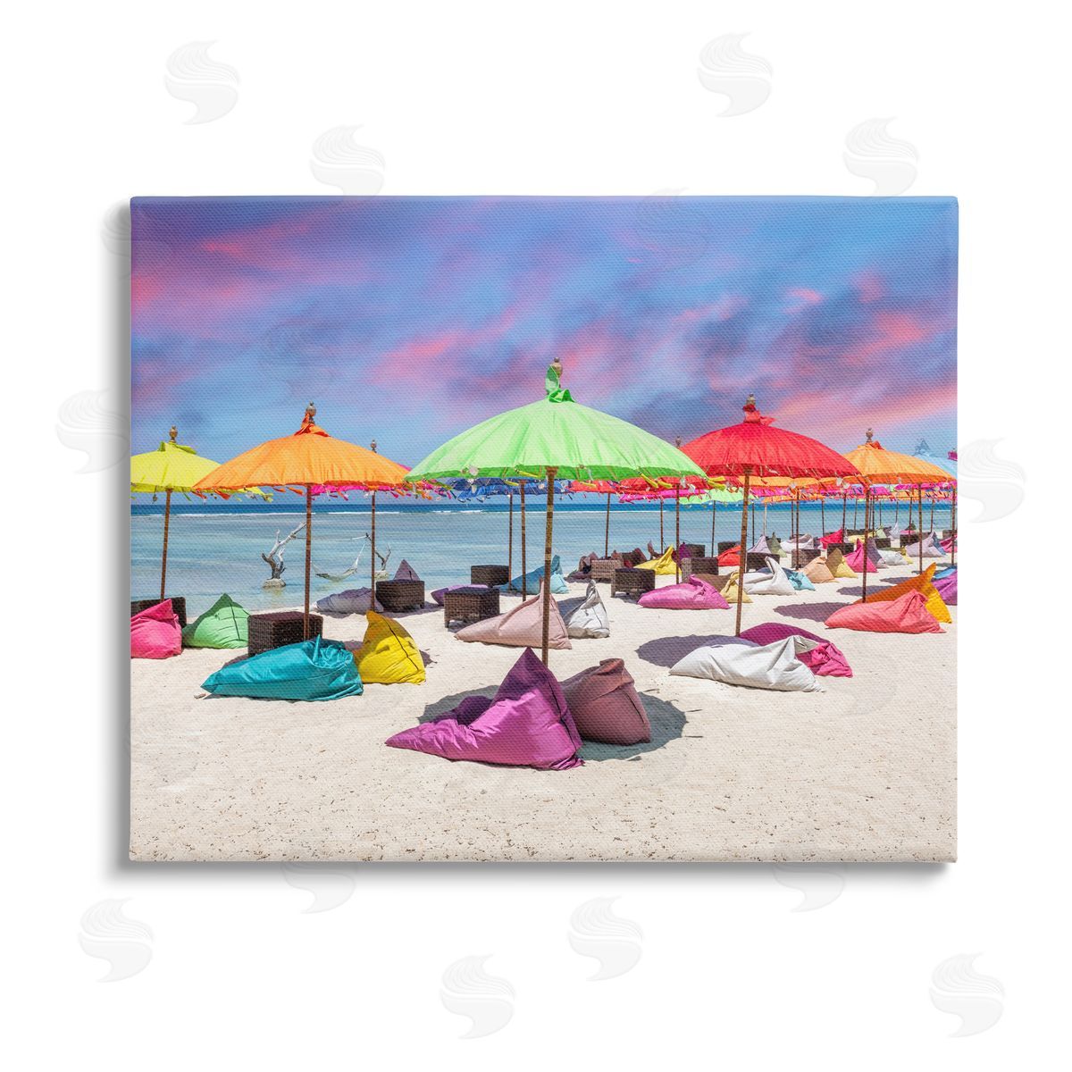 Silver Beach Umbrellas on Shore Canvas Wall Art Print