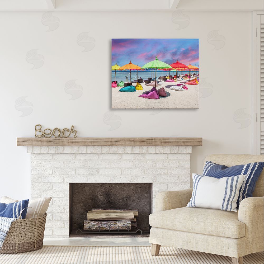 Silver Beach Umbrellas on Shore Canvas Wall Art Print in Room