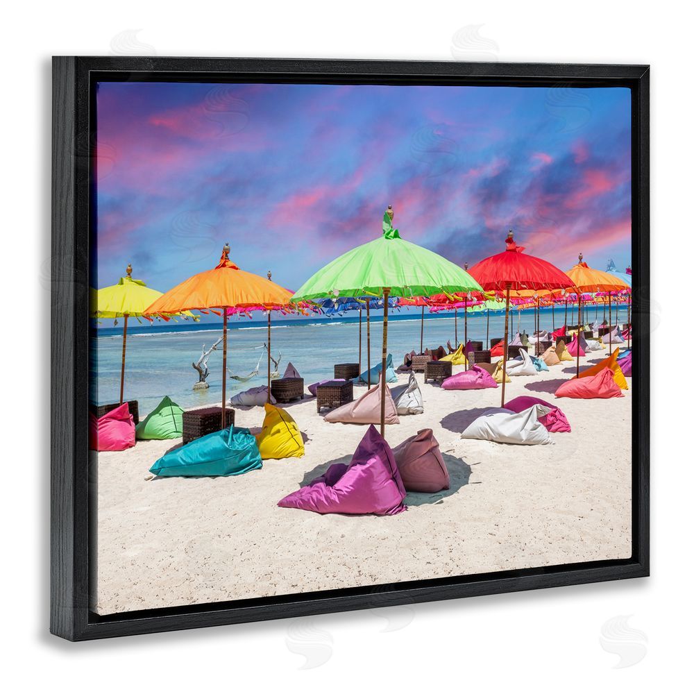 Silver Beach Umbrellas on Shore Black Floating Frame Canvas Wall Art Print