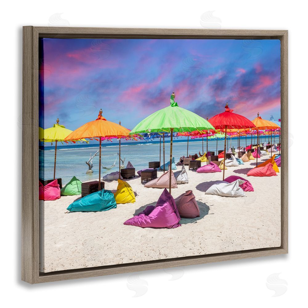 Silver Beach Umbrellas on Shore Brown Floating Frame Canvas Wall Art Print