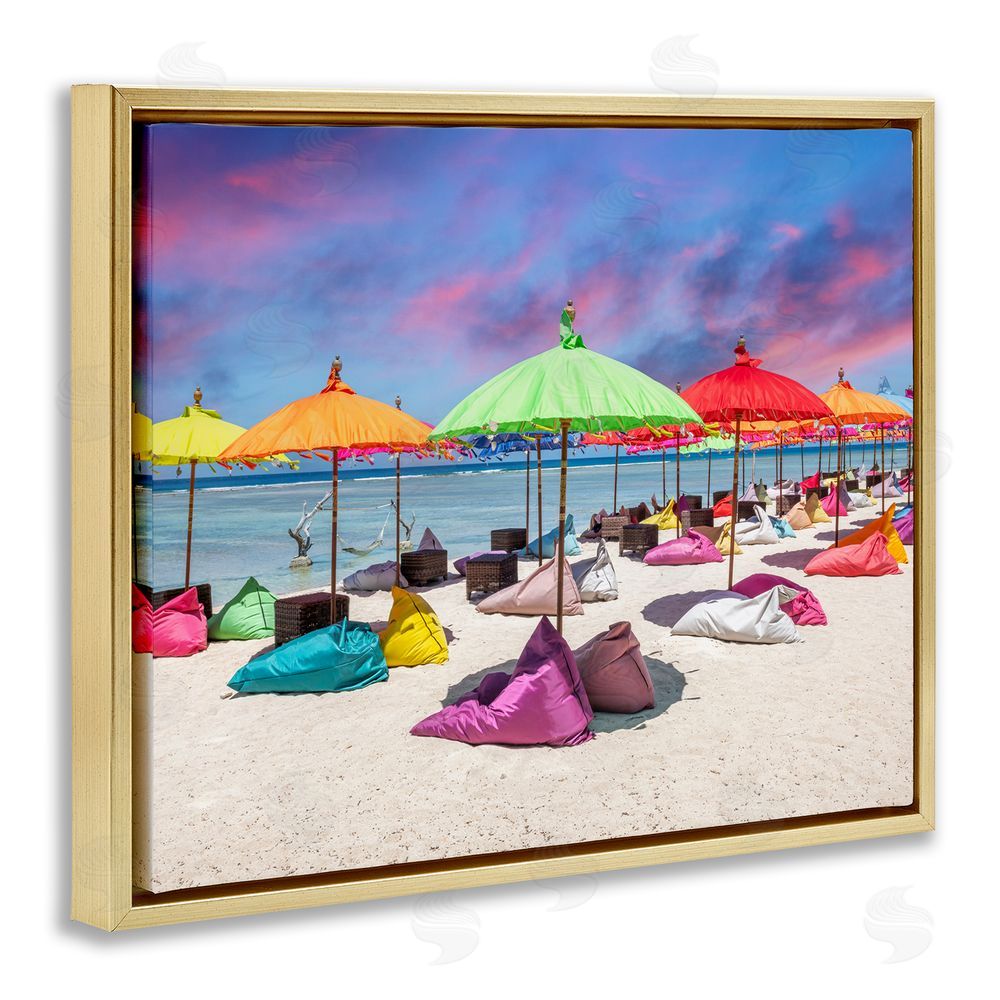 Silver Beach Umbrellas on Shore Gold Floating Frame Canvas Wall Art Print