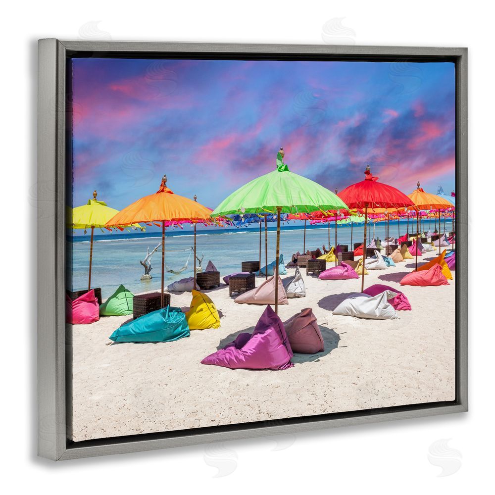 Silver Beach Umbrellas on Shore Gray Floating Frame Canvas Wall Art Print