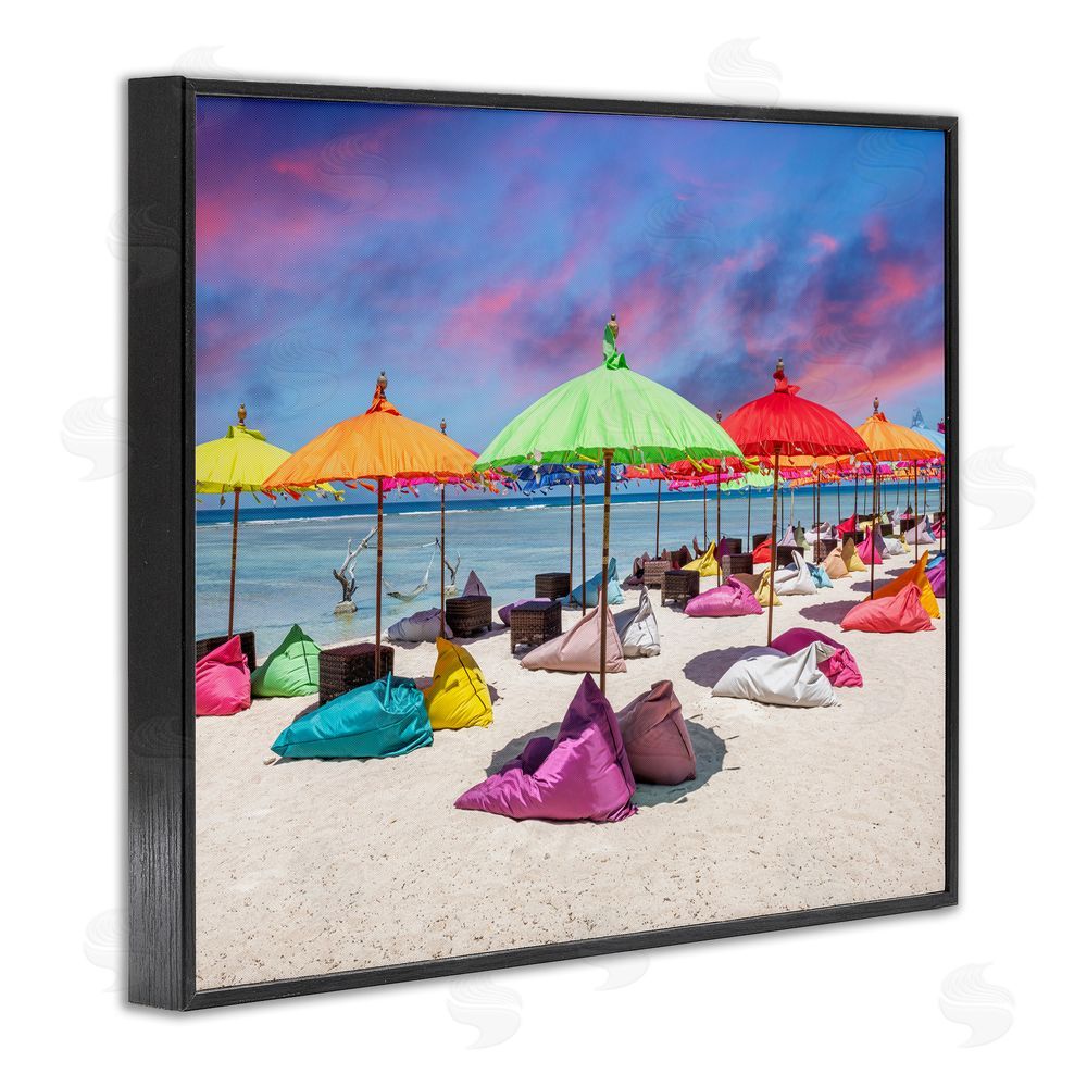 Silver Beach Umbrellas on Shore Black Framed Giclee Wall Art Print