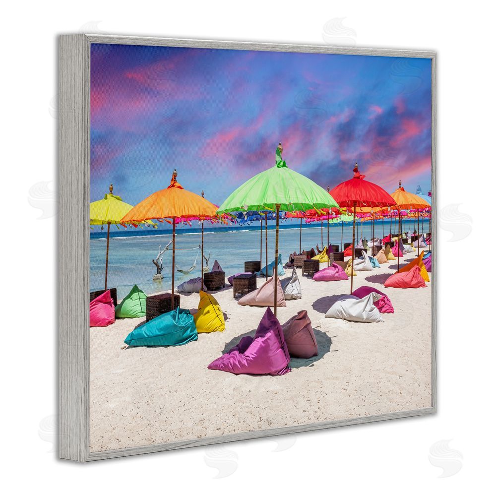 Silver Beach Umbrellas on Shore Gray Framed Giclee Wall Art Print
