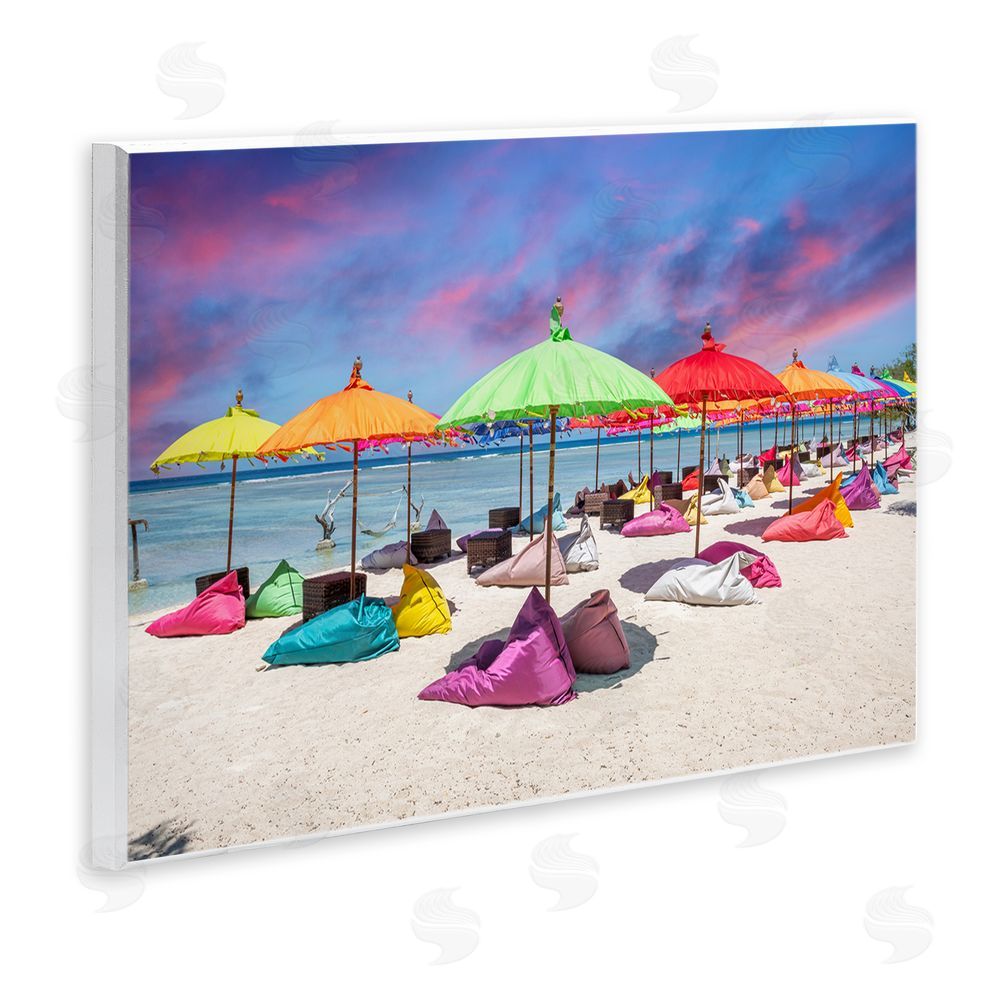 Silver Beach Umbrellas on Shore Wooden Wall Plaque Art Print