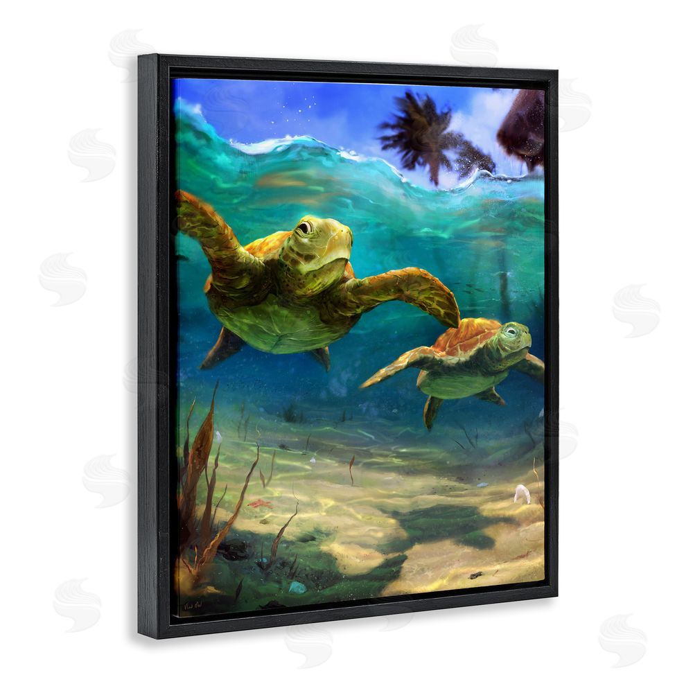 Vlad Mel Tropical Underwater Turtles Black Floating Frame Canvas Wall Art Print