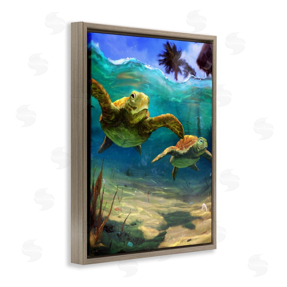 Vlad Mel Tropical Underwater Turtles Brown Floating Frame Canvas Wall Art Print