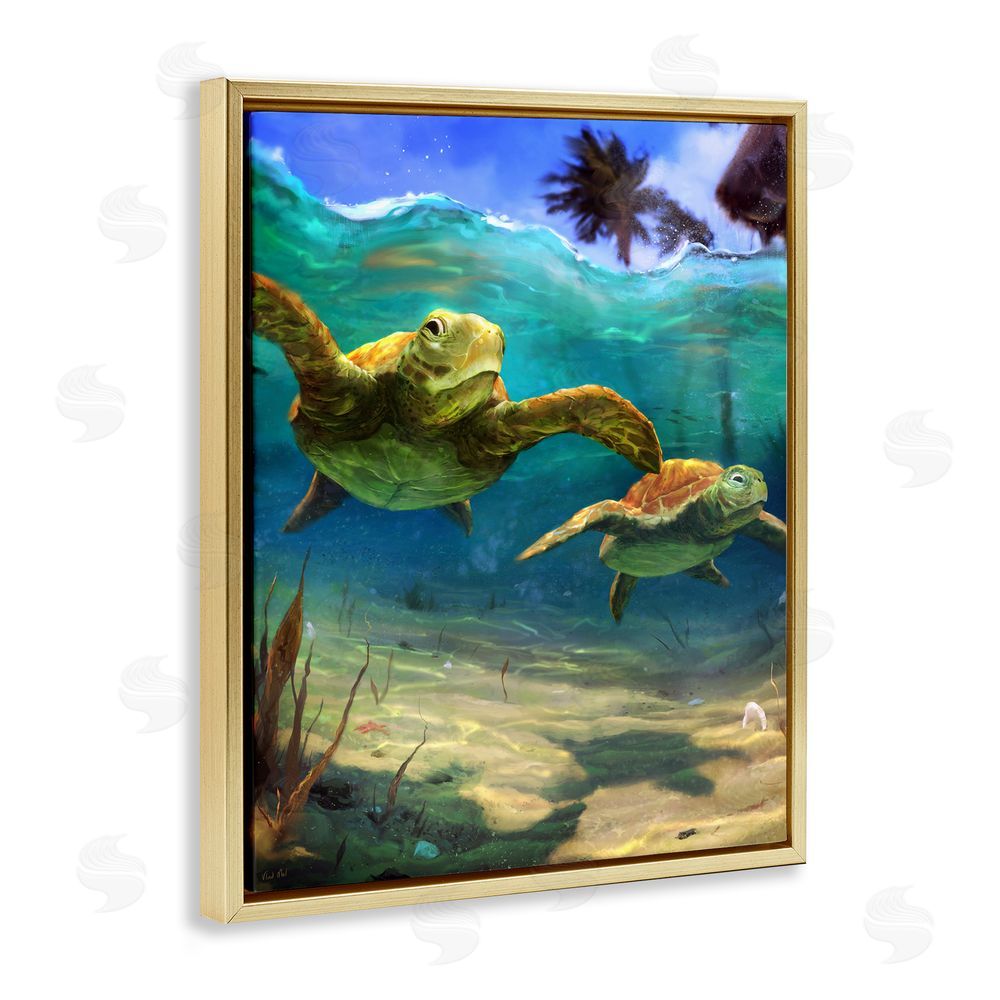 Vlad Mel Tropical Underwater Turtles Gold Floating Frame Canvas Wall Art Print