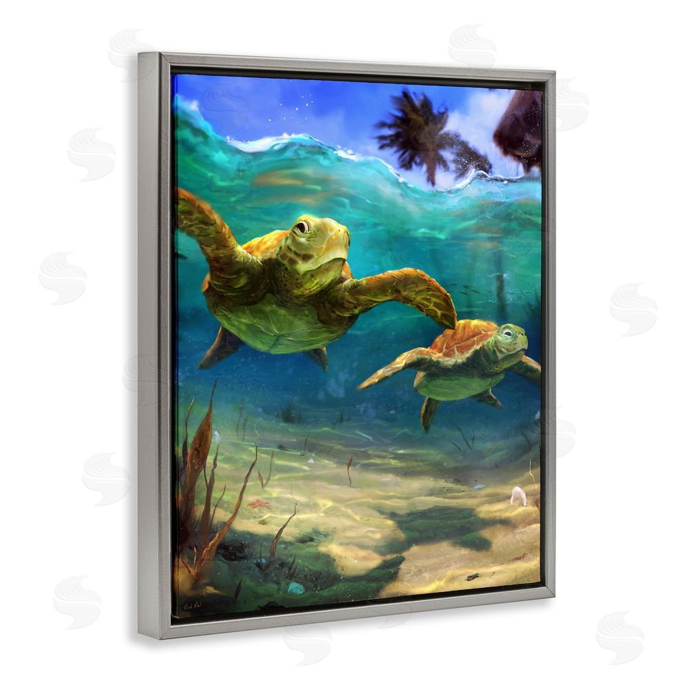 Vlad Mel Tropical Underwater Turtles Gray Floating Frame Canvas Wall Art Print
