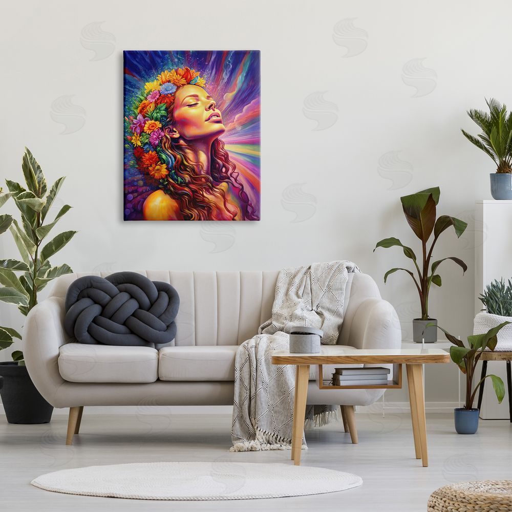 Spirit of the Rainbow Woman with Floral Garland Canvas Wall Art Print in Room