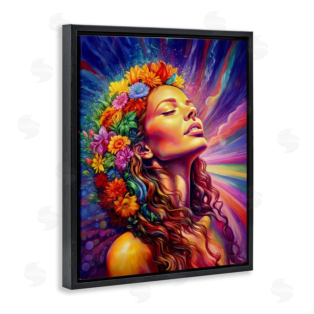 Spirit of the Rainbow Woman with Floral Garland Black Floating Frame Canvas Wall Art Print