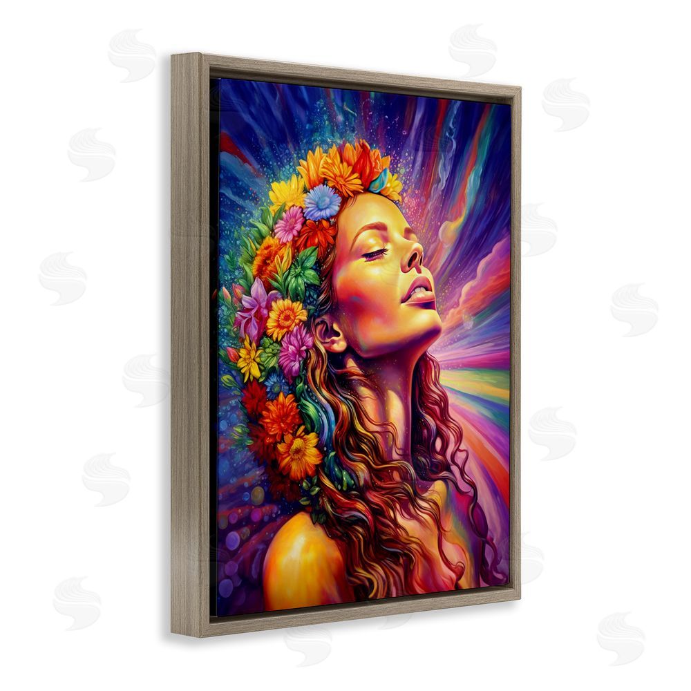 Spirit of the Rainbow Woman with Floral Garland Brown Floating Frame Canvas Wall Art Print
