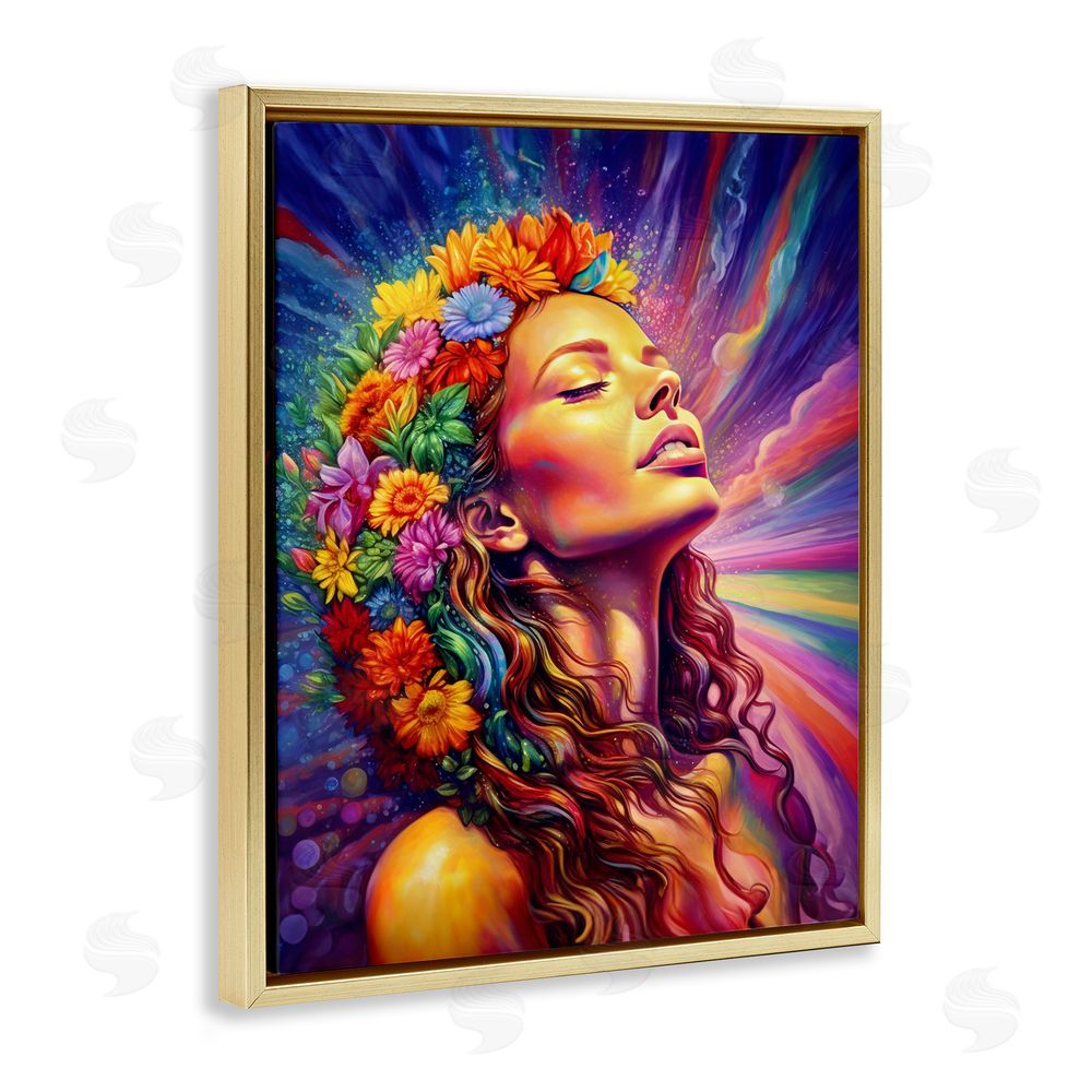 Spirit of the Rainbow Woman with Floral Garland Gold Floating Frame Canvas Wall Art Print