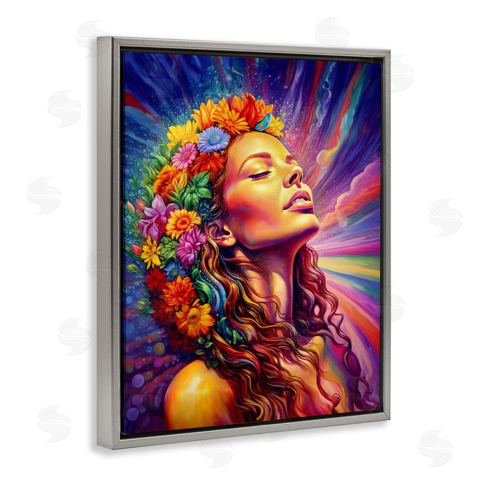 Spirit of the Rainbow Woman with Floral Garland Gray Floating Frame Canvas Wall Art Print