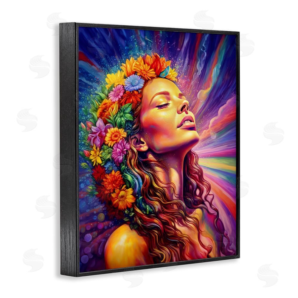 Spirit of the Rainbow Woman with Floral Garland Black Framed Giclee Wall Art Print