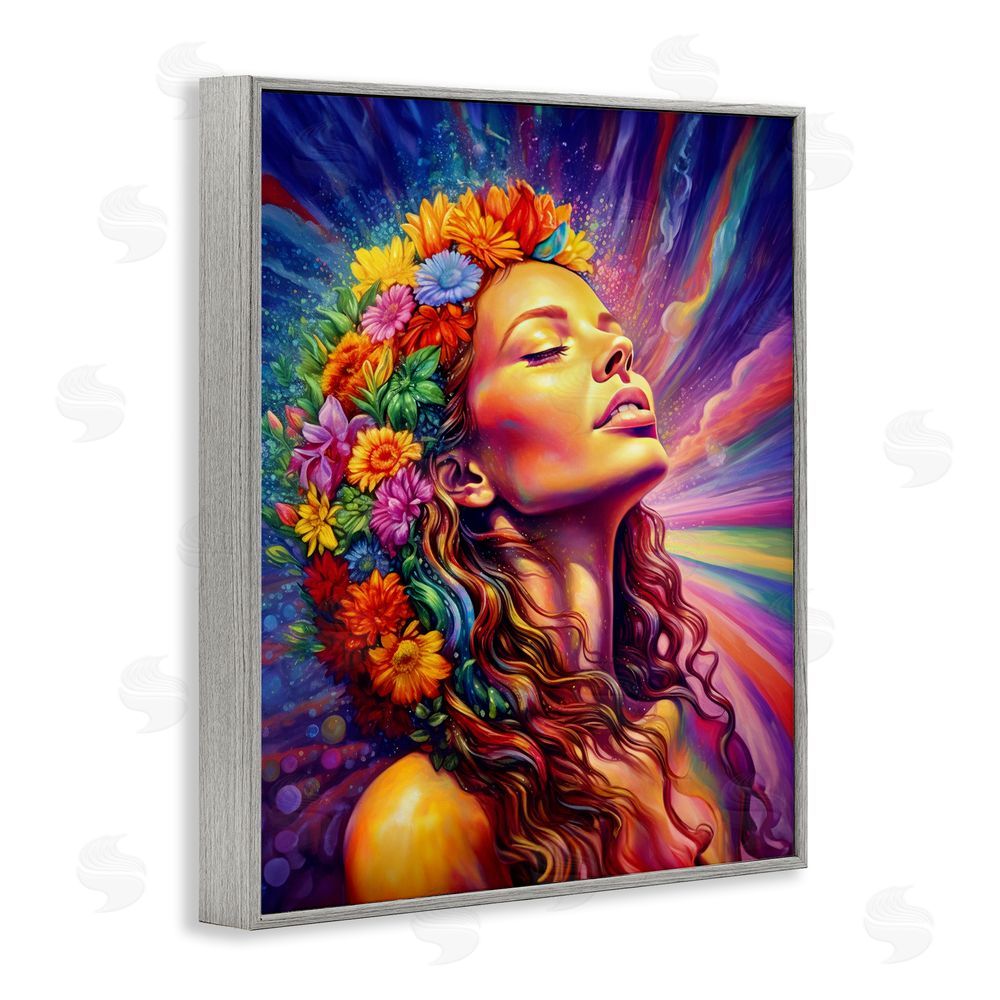 Spirit of the Rainbow Woman with Floral Garland Gray Framed Giclee Wall Art Print