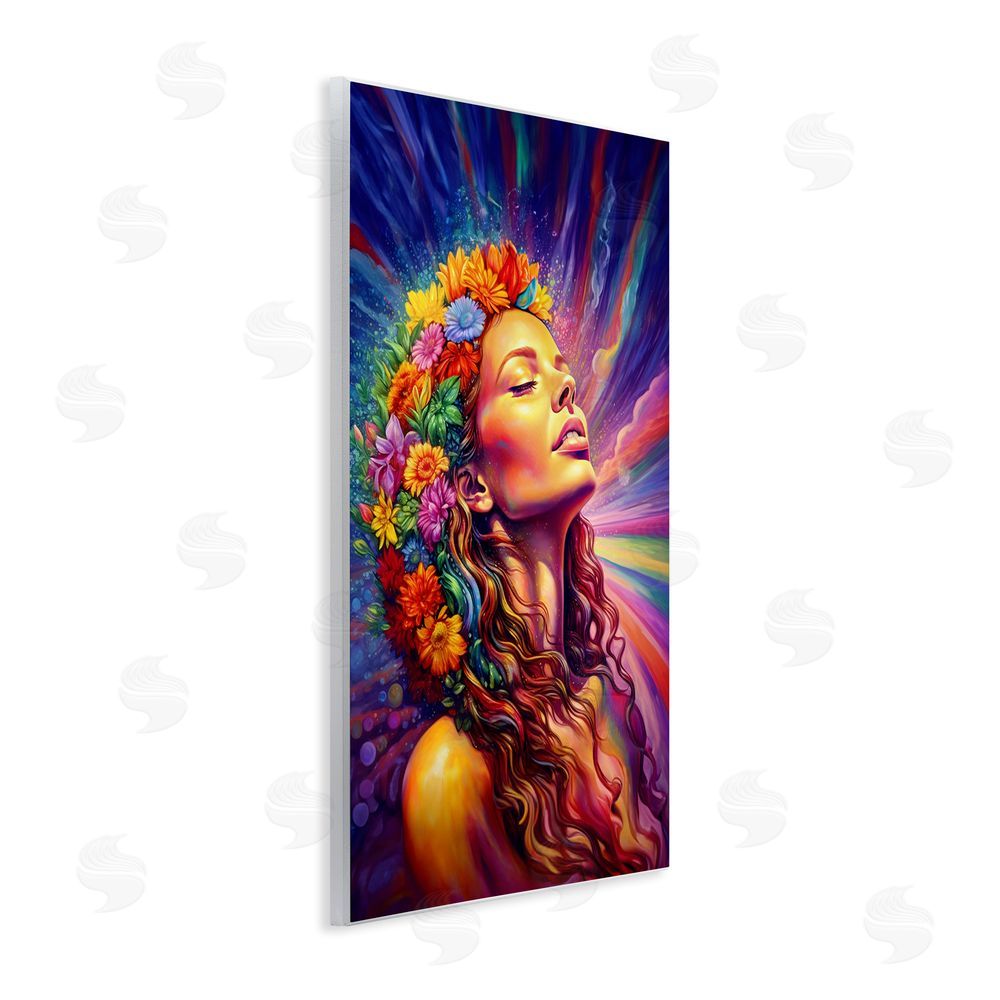 Spirit of the Rainbow Woman with Floral Garland Wooden Wall Plaque Art Print