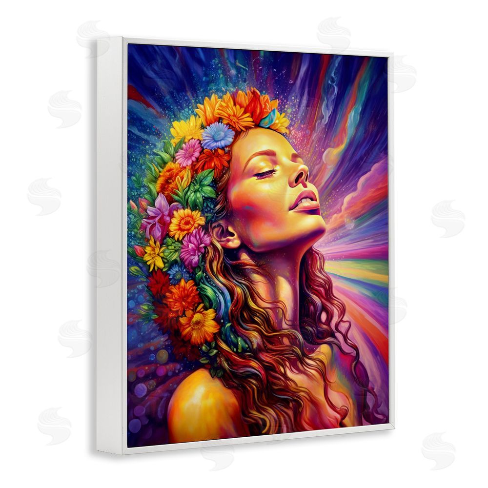 Spirit of the Rainbow Woman with Floral Garland White Framed Giclee Wall Art Print