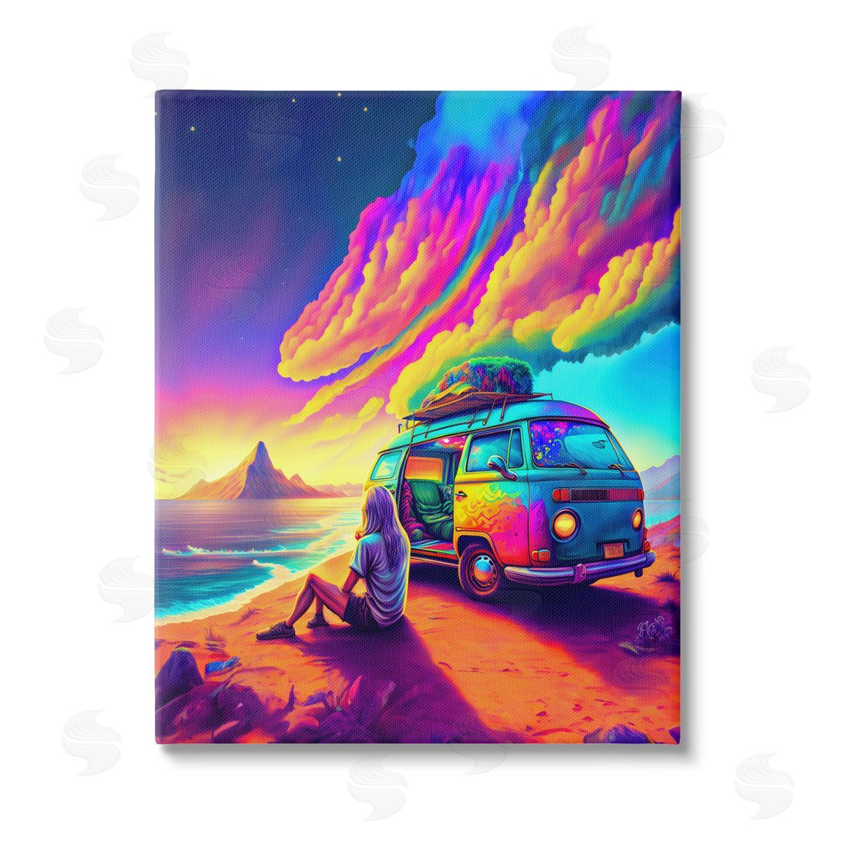 Spirit of the Rainbow Vacation Van on Beach Canvas Wall Art Print