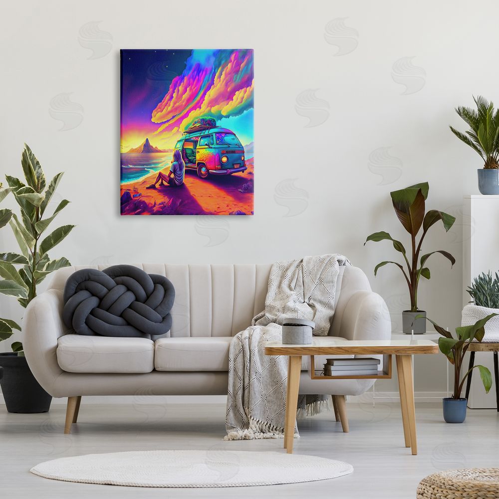 Spirit of the Rainbow Vacation Van on Beach Canvas Wall Art Print in Room