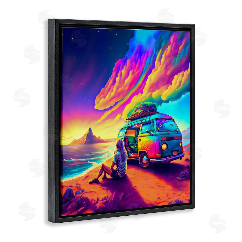 Spirit of the Rainbow Vacation Van on Beach Black Floating Frame Canvas Wall Art Print