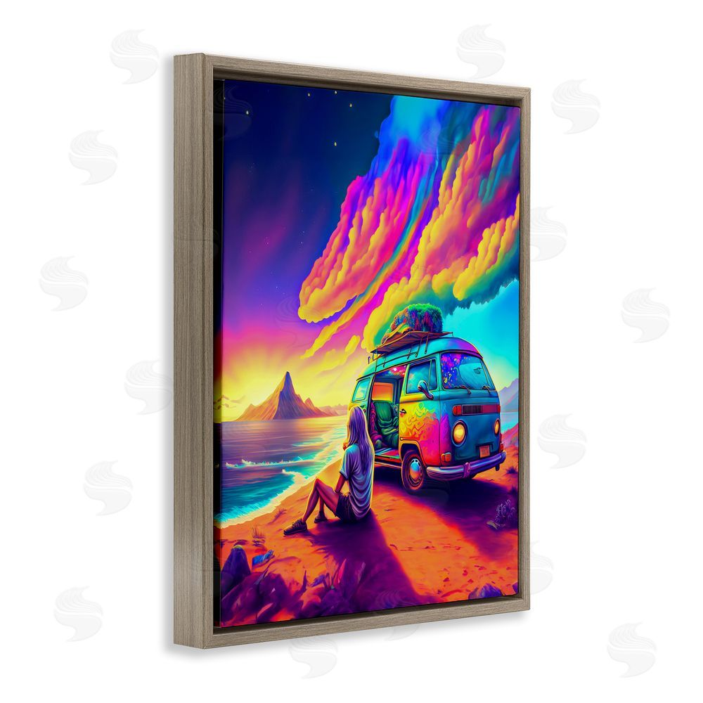 Spirit of the Rainbow Vacation Van on Beach Brown Floating Frame Canvas Wall Art Print