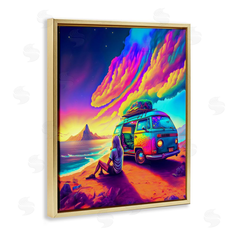 Spirit of the Rainbow Vacation Van on Beach Gold Floating Frame Canvas Wall Art Print