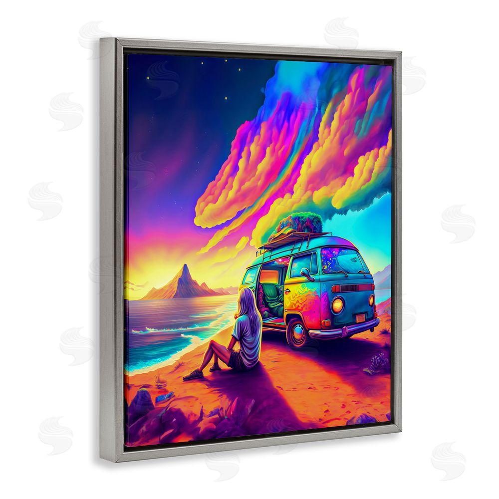 Spirit of the Rainbow Vacation Van on Beach Gray Floating Frame Canvas Wall Art Print