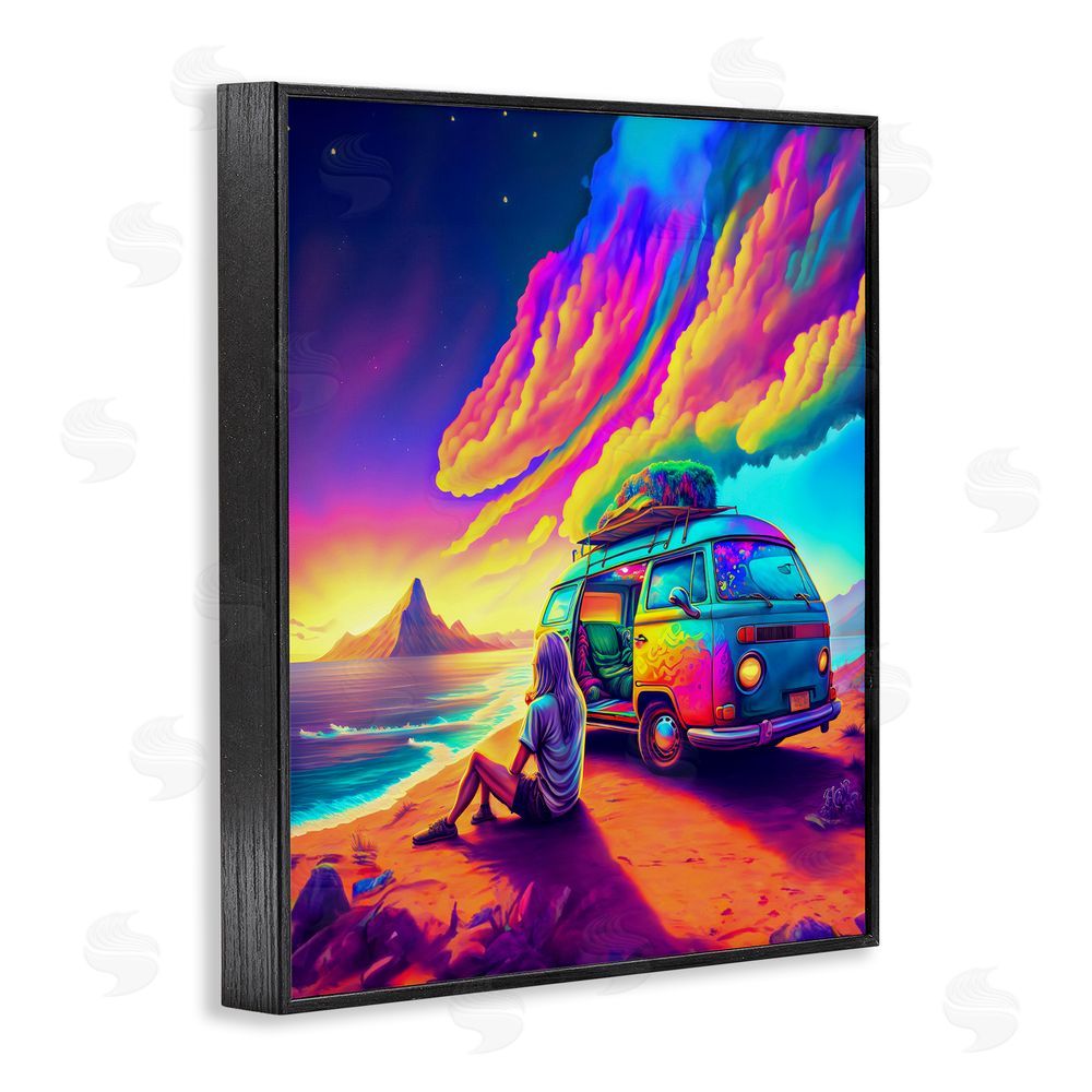 Spirit of the Rainbow Vacation Van on Beach Black Framed Giclee Wall Art Print