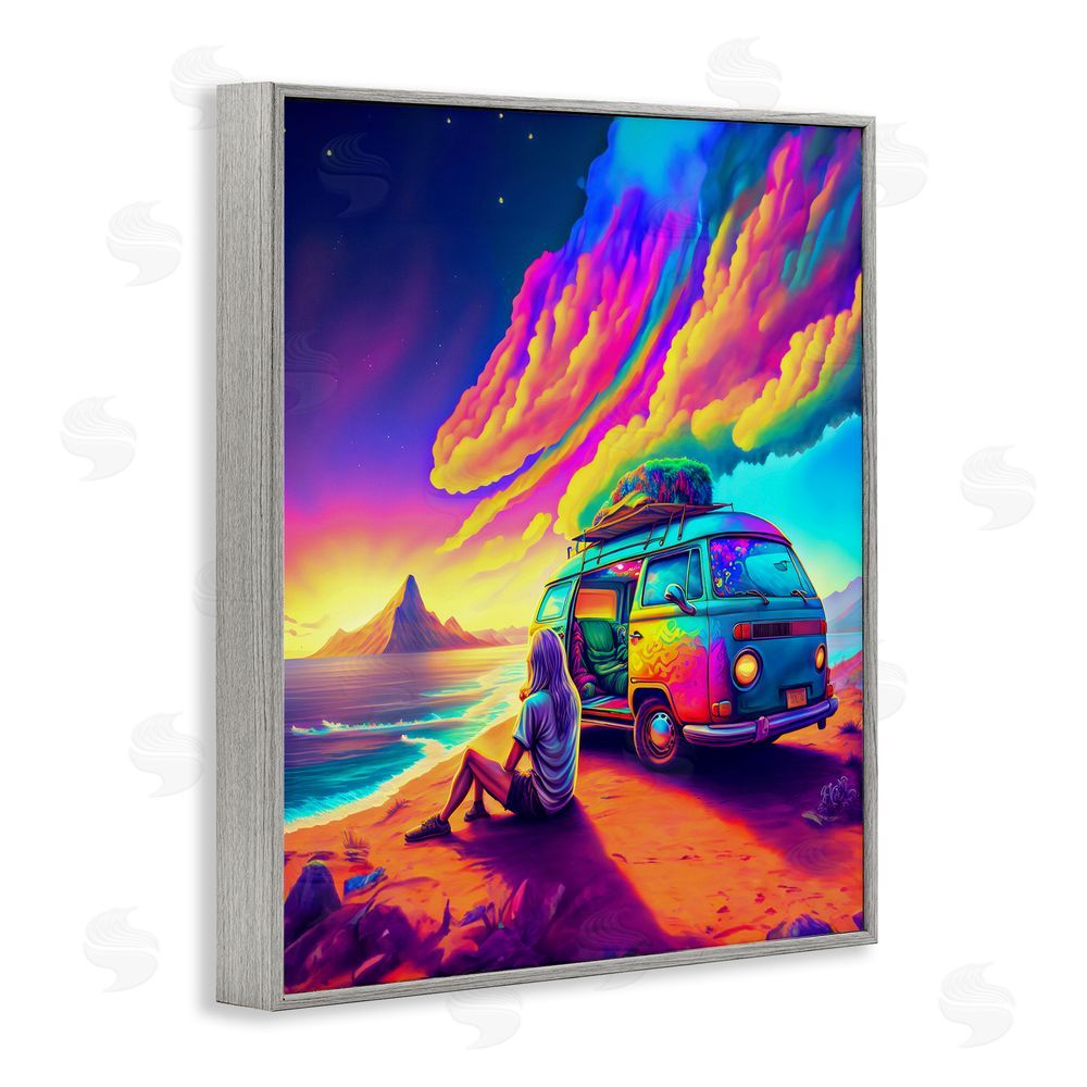 Spirit of the Rainbow Vacation Van on Beach Gray Framed Giclee Wall Art Print