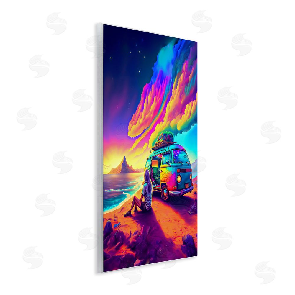 Spirit of the Rainbow Vacation Van on Beach Wooden Wall Plaque Art Print
