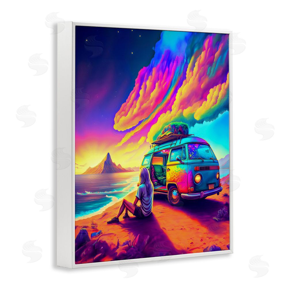Spirit of the Rainbow Vacation Van on Beach White Framed Giclee Wall Art Print