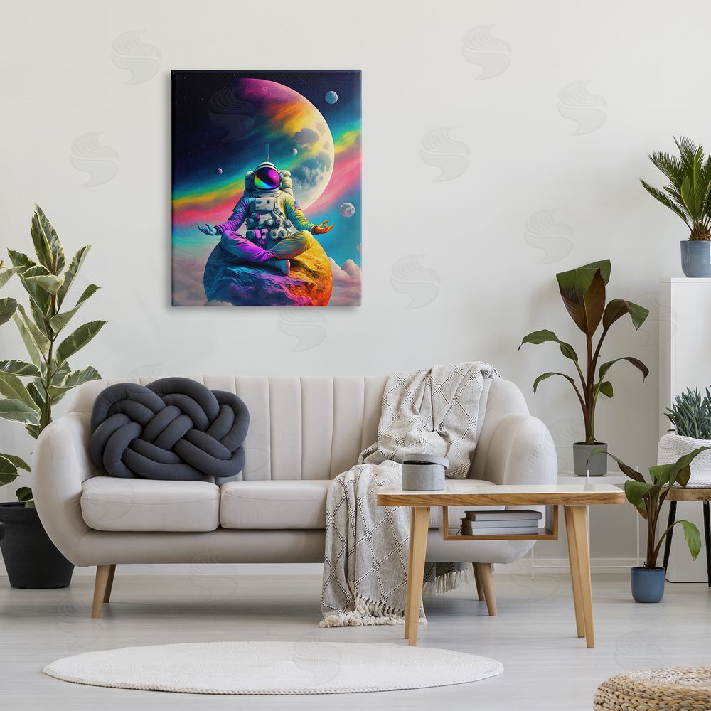 Spirit of the Rainbow Astronaut Meditating on Moon Canvas Wall Art Print in Room