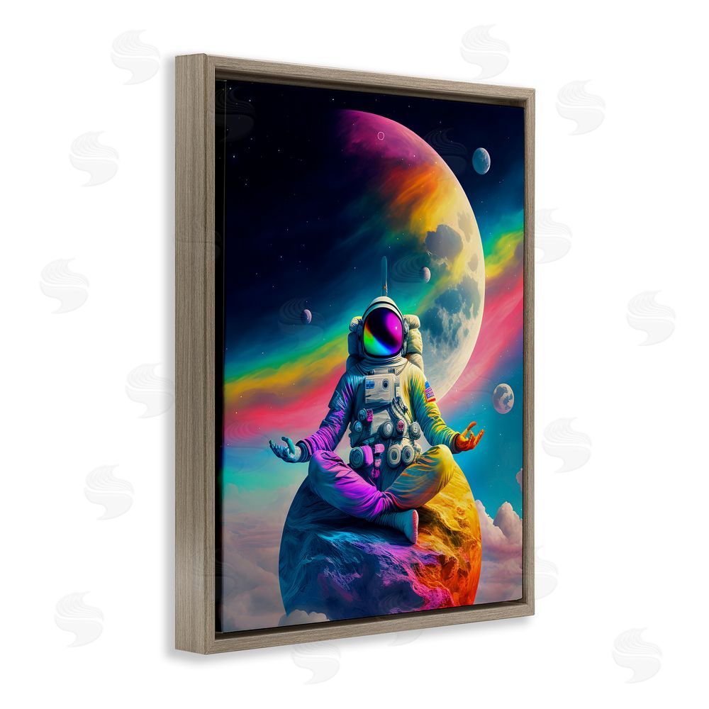 Spirit of the Rainbow Astronaut Meditating on Moon Brown Floating Frame Canvas Wall Art Print