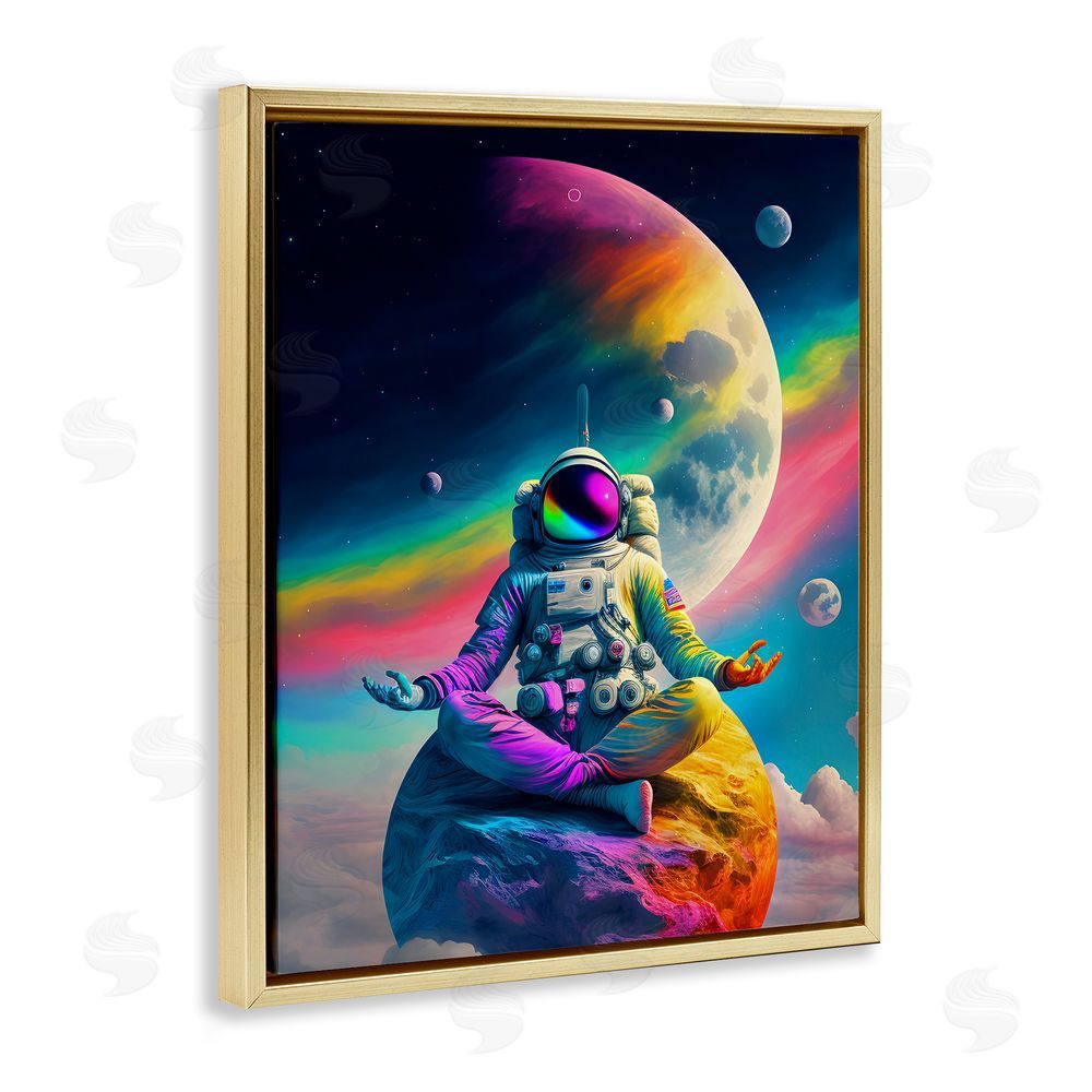 Spirit of the Rainbow Astronaut Meditating on Moon Gold Floating Frame Canvas Wall Art Print