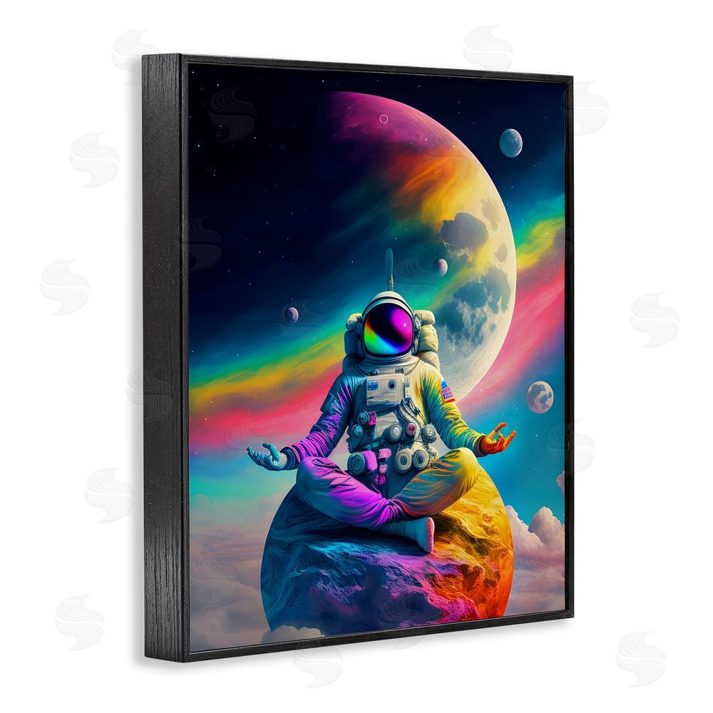 Spirit of the Rainbow Astronaut Meditating on Moon Black Framed Giclee Wall Art Print