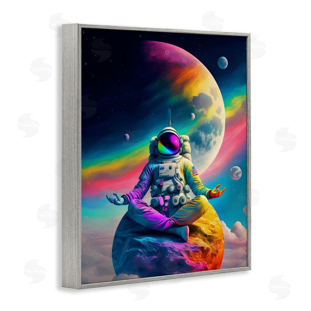 Spirit of the Rainbow Astronaut Meditating on Moon Gray Framed Giclee Wall Art Print