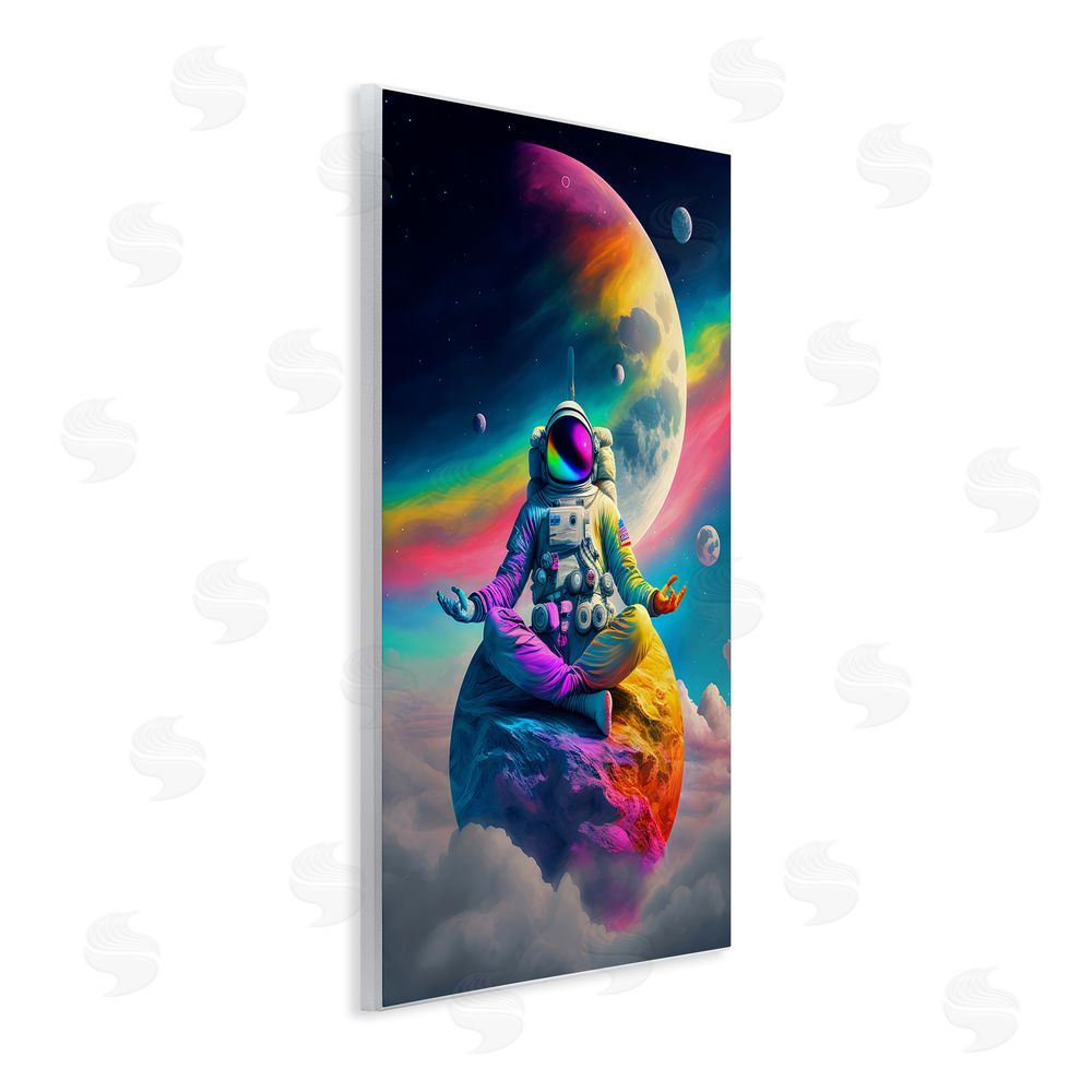 Spirit of the Rainbow Astronaut Meditating on Moon Wooden Wall Plaque Art Print