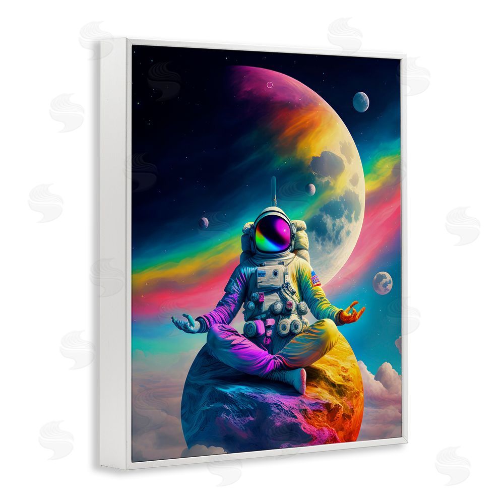 Spirit of the Rainbow Astronaut Meditating on Moon White Framed Giclee Wall Art Print