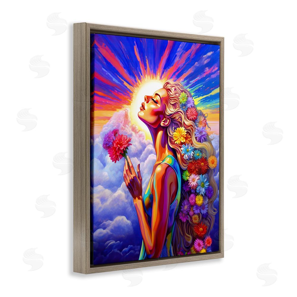 Spirit of the Rainbow Woman & Sun Rays Brown Floating Frame Canvas Wall Art Print
