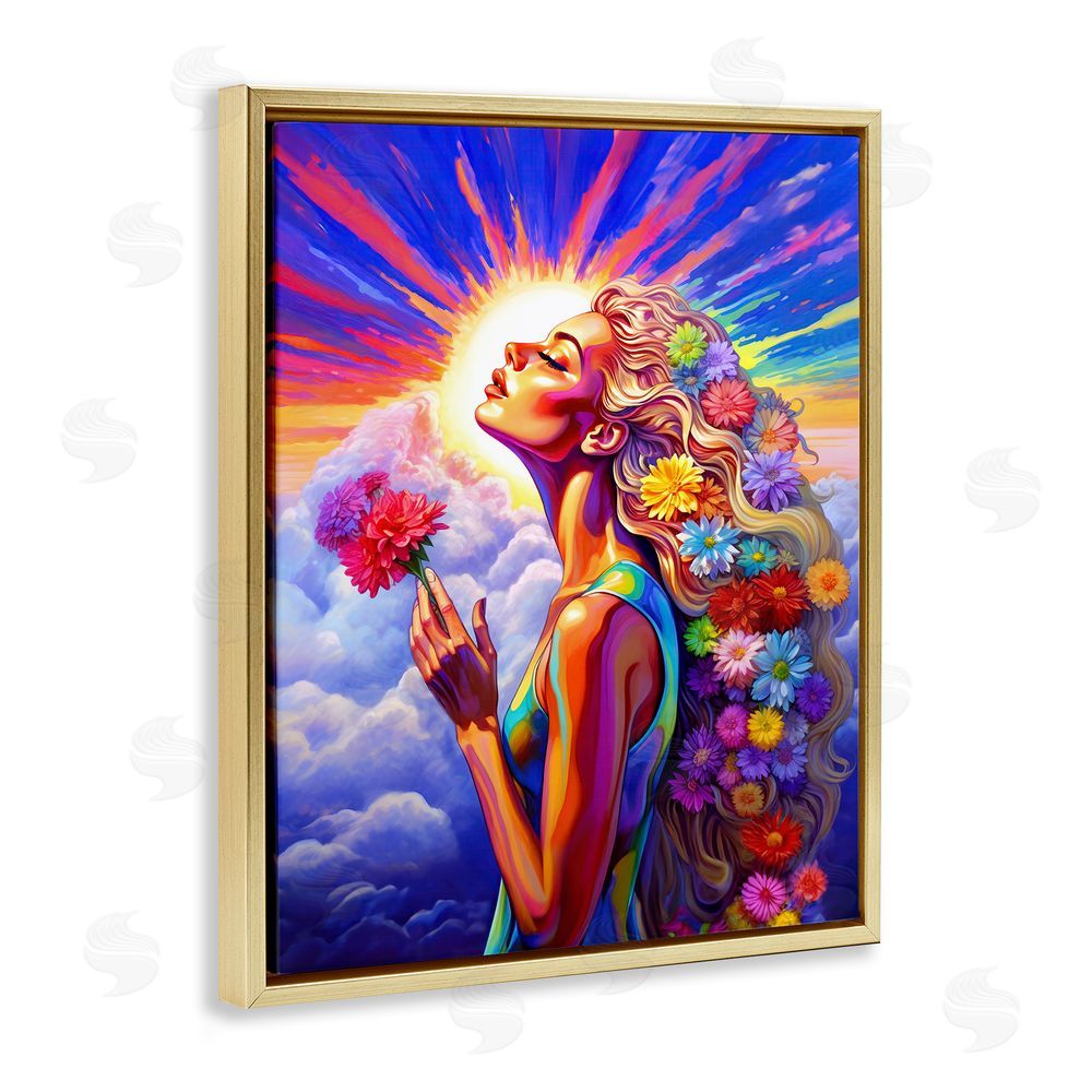 Spirit of the Rainbow Woman & Sun Rays Gold Floating Frame Canvas Wall Art Print