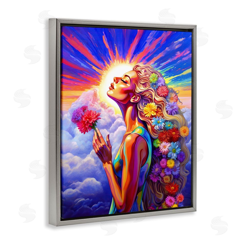 Spirit of the Rainbow Woman & Sun Rays Gray Floating Frame Canvas Wall Art Print