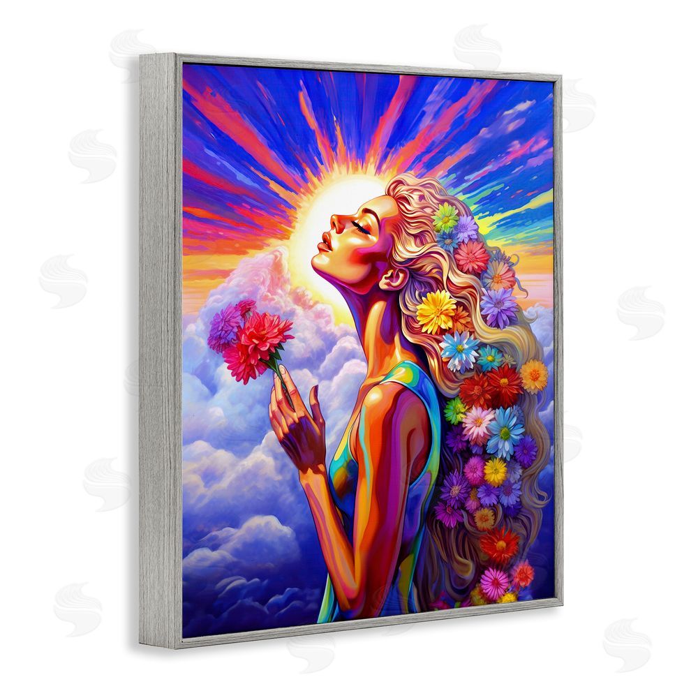 Spirit of the Rainbow Woman & Sun Rays Gray Framed Giclee Wall Art Print